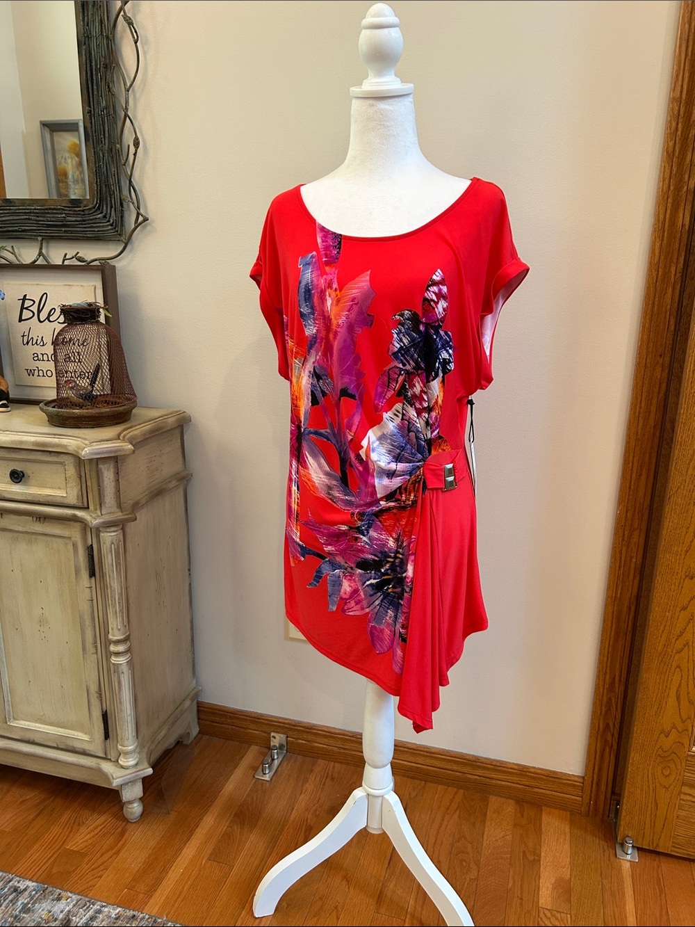 Red Floral Asymmetric Tunic Top